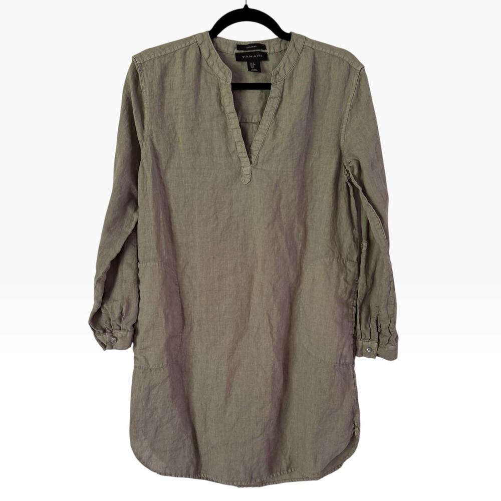 Tahari Sage Green 100% Linen Long Sleeve Dress Size Small